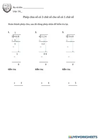 Phép chia số có 3 chữ số cho số có số có 1 chữ số