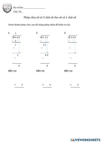 Phép chia số có 3 chữ số cho số có số có 1 chữ số