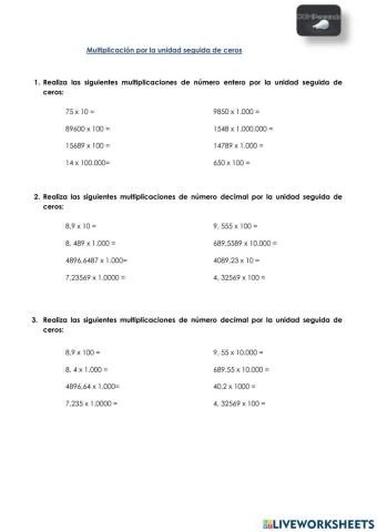Multiplicaciones por la unidad seguida de ceros