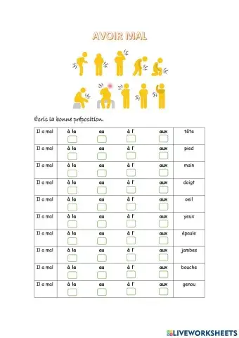 AVOIR MAL + au - aux - à la - à l'