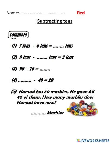Subtracting tens - fill in the blanks