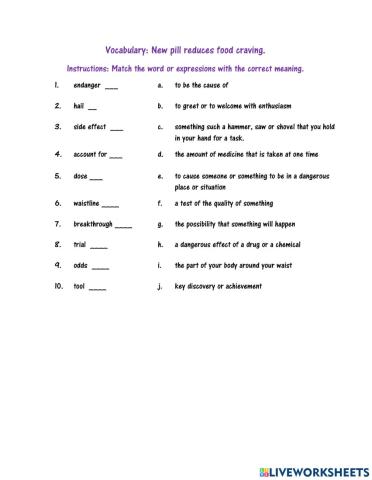 Vocabulary about a reading