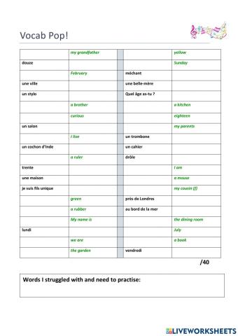 Vocab pop, year 7, Lent 2