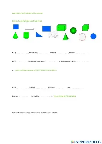 Geomeetriliste kujundite ja kehade nimetused, 2. klass