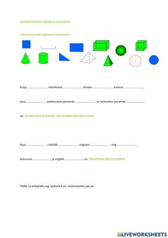 Geomeetriliste kujundite ja kehade nimetused, 2. klass