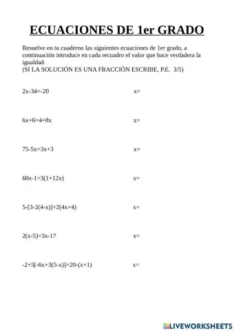 Ficha de ecuaciones de 1er grado