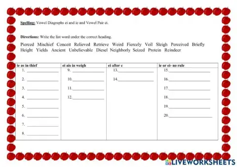 Vowel Diagraphs ei and ie and Vowel Pair ei