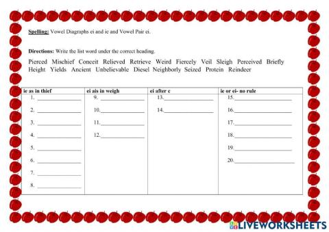 Vowel Diagraphs ei and ie and Vowel Pair ei