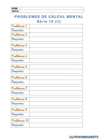 Problemes de càlcul mental: Quinzet 10.011 a 10.020