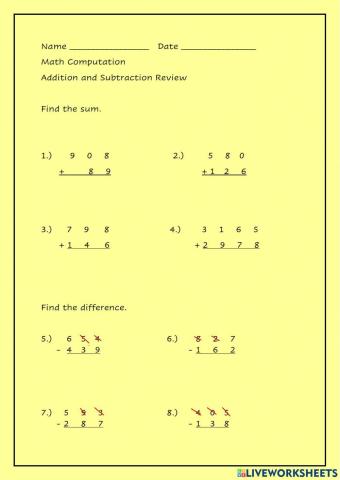 Addition and Subtraction Mixed Review