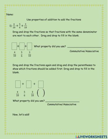 Using addition properties for adding fractions
