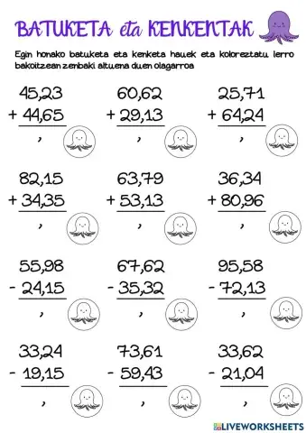 Zenbaki dezimaldunak: kenketa eta batuketa