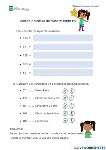Lectura y escritura de números hasta 199