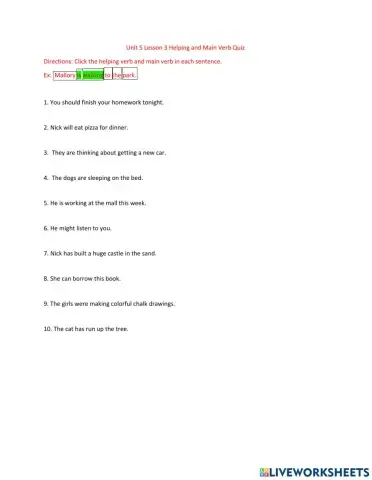Unit 5 Lesson 3 Helping and Main Verb Quiz
