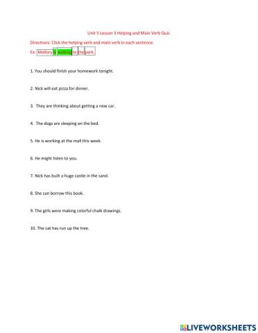 Unit 5 Lesson 3 Helping and Main Verb Quiz