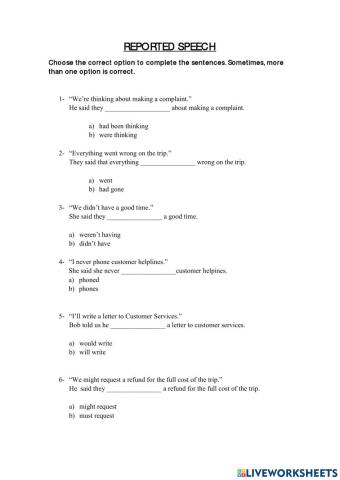 Reported Speech Multiple choice