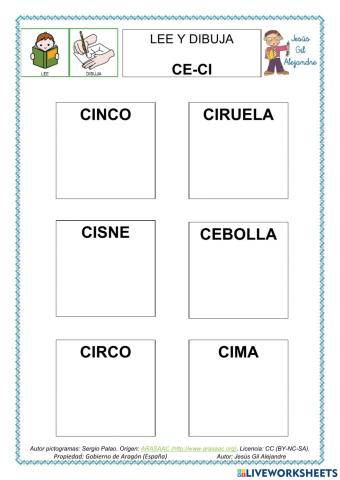 Lee y dibuja palabras con CE CI mayúsculas