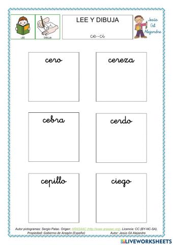 Lee y dibuja palabras con CE CI minúsculas