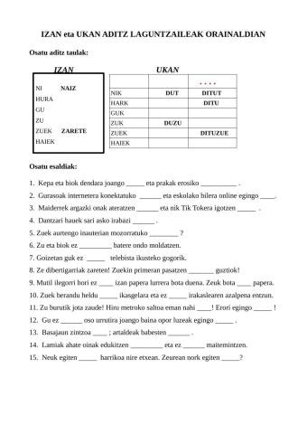 Izan, ukan aditz laguntzaileak