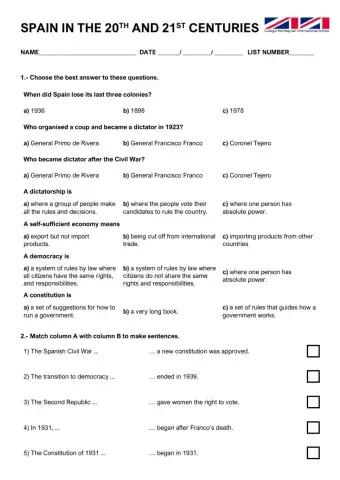 20th and 21st Century in Spain Test