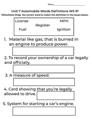 Unit 7 Car Words Drag and Drop WS 1