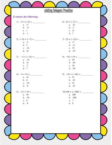 Adding Integers Practice