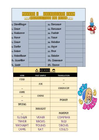 Vocabulary and verbs 5 movers 1