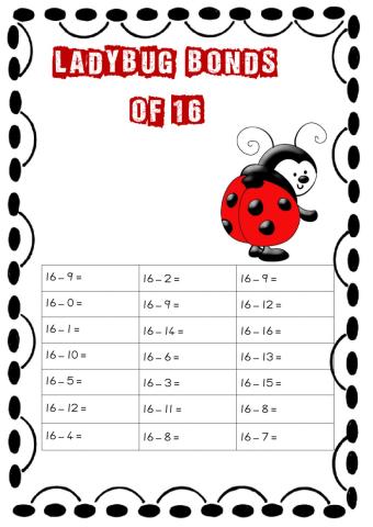 Bonds of 16 subtraction worksheet 2