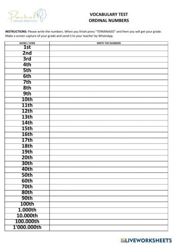 Vocabulary test - ordinal numbers