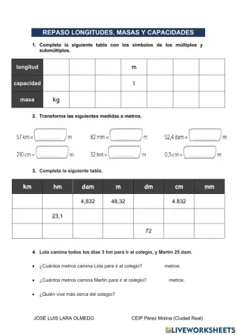Longitudes, capacidades y masas
