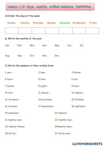 Kids Lesson1.8 days,months, ordinal, festivities