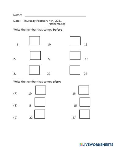 NUMBERS BEFORE, AFTER and BETWEEN