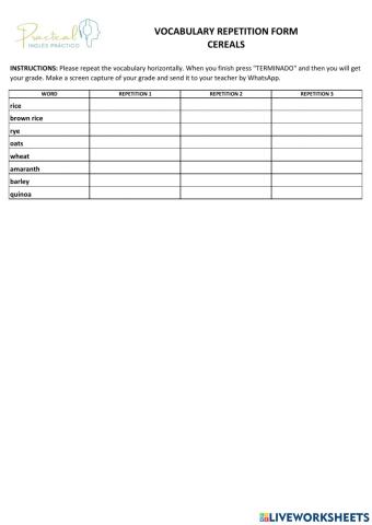 Vocabulary repetition form - cereals