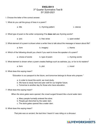 English 9 3rd Qtr Summative Test B