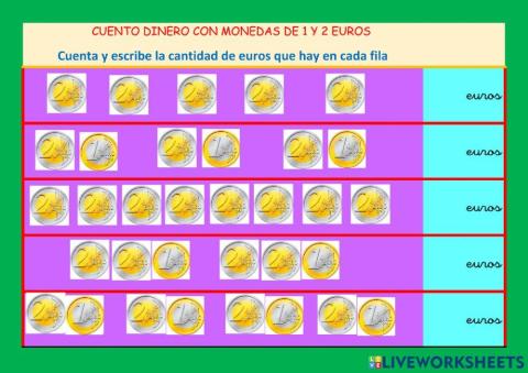 Cuento dinero con monedas de 1 y 2 euros