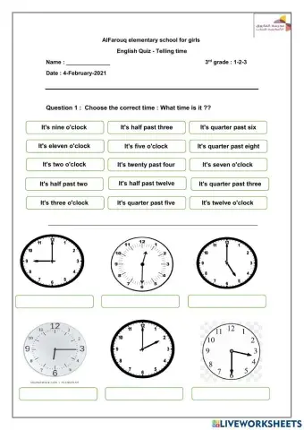 Telling time quiz -3rd grade