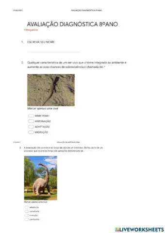 Avaliação de ciências 8 ano