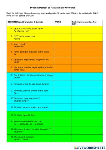 Present Perfect and Past Simple Keywords choose (INCLUDES PORTUGUESE)
