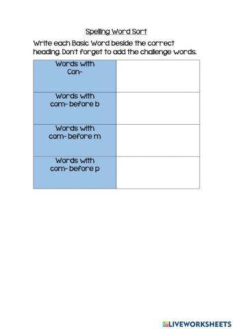 Spelling Lesson 14 Wordsort