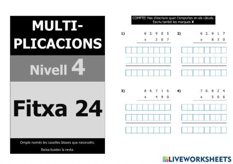 Multiplicacions nivell 5 - 4t nivell - Fitxa 24
