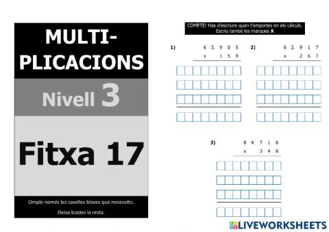 Multiplicacions nivell 5 - 3r nivell - Fitxa 17