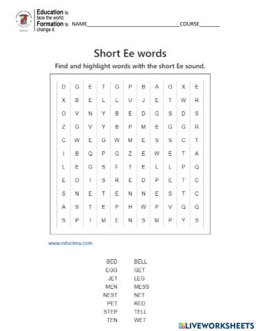 Short Ee wordsearch