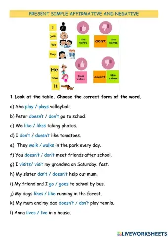 Present simple affirmative, negative