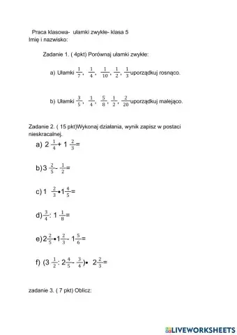 Praca klasowa ułamki zwykłe klasa 5