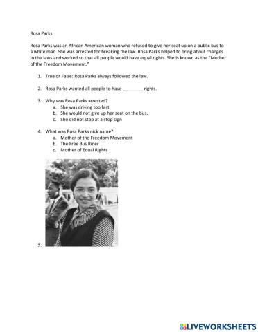 Rosa Parks- Reading Comprehension Worksheet