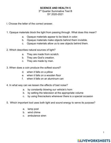 Science 5 3rd Qtr Summative Test B