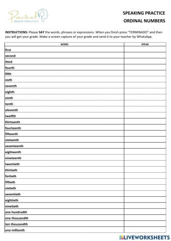 Speaking practice - ordinal numbers