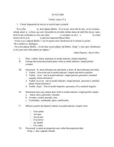 Evaluare  Verbul clasa a Va