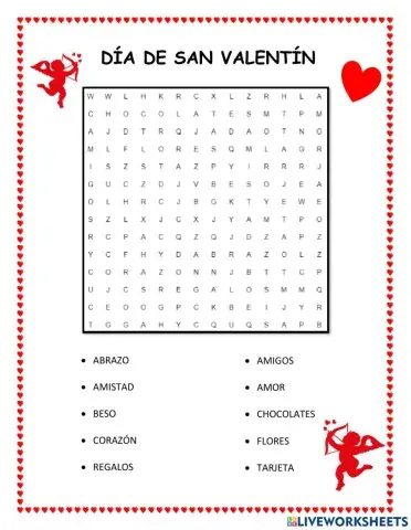 Sopa de letras del día de  San  Valentín