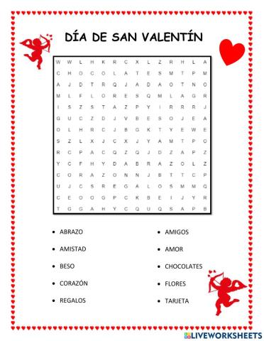Sopa de letras del día de  San  Valentín